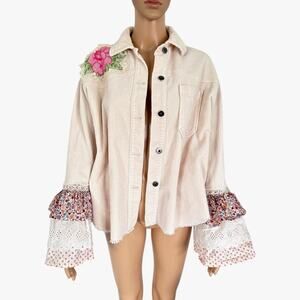 Upcycled Corduroy Shirt Shacket Floral Patch Lace Ruffle Boho Cottagecore Jacket